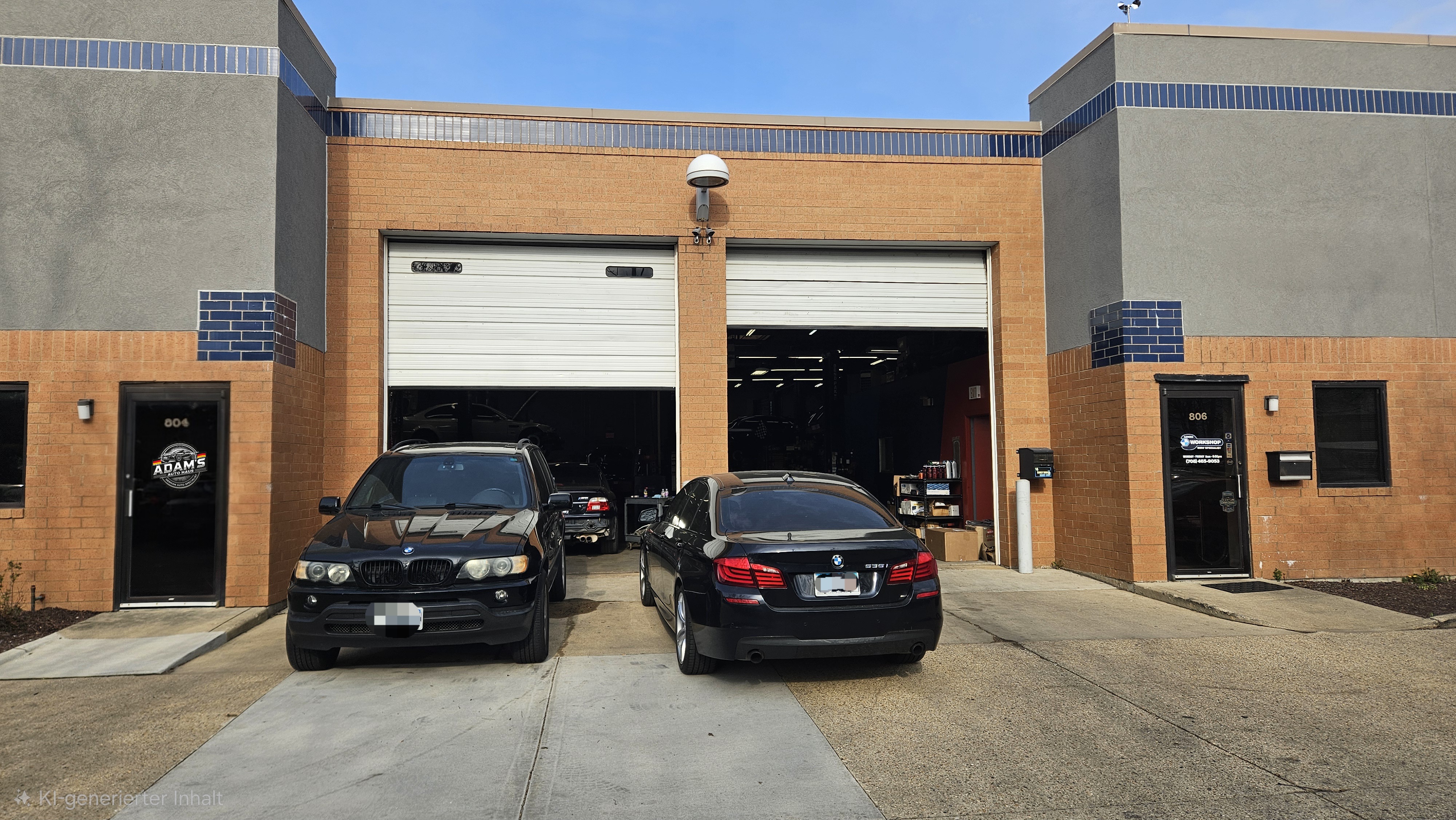 Adam's AutoHaus pristine German auto repair facility in Roselle, IL featuring BMW and Porsche vehicles